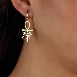 Gold Plated Stainless Steel Ankh & Eye of Horus Drop Earrings